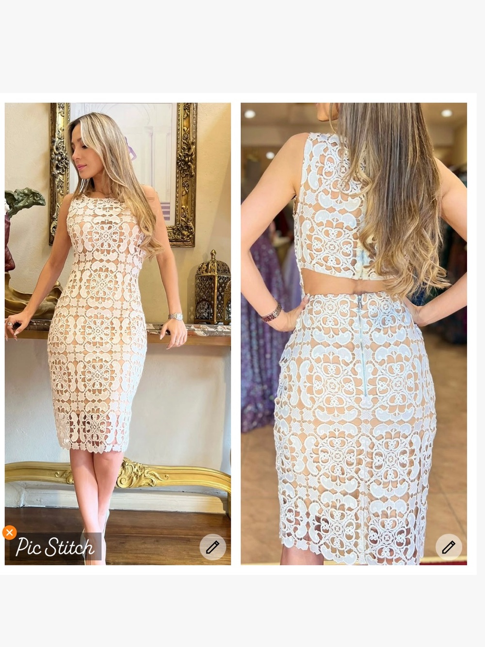 Jovani Crochet Lace Open Back Sheath Dress Cream Tan